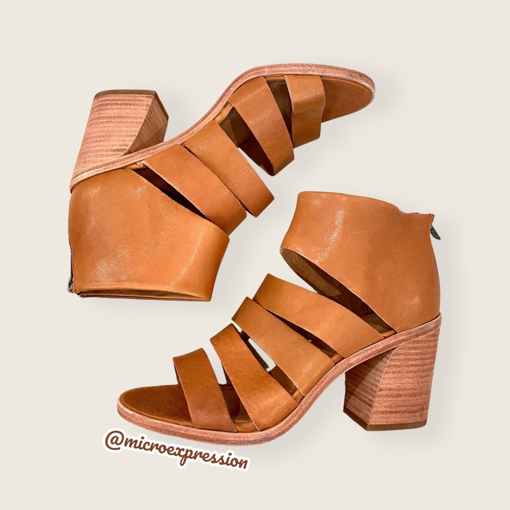 $338 Frye Tash Cognac Real Leather Cut Out Strappy Wood PeepToe Ankle Booties - Picture 7 of 13